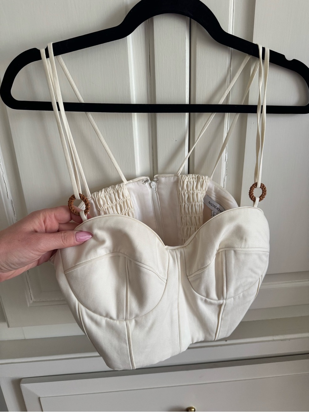 NADINE MERABI Cream Bustier Crop Top with Adjustable Straps